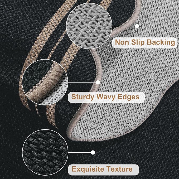 Scalloped Easy Jute Outdoor 8x10 Area Rug, Washable Outdoor Patio Rug, Farmhouse Indoor Black Geometric Rug Neutral Non Slip Carpet for Living Room Backyard Home Decor