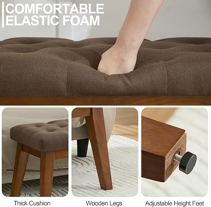 WUTUTUEE 43.5'' Linen Bedroom Bench, Upholstered End of Bed Bench with Tufted Button, Padded Vintage Dining Bench, Entryway Bench with Solid Wood Legs, Kitchen, Living Room, Hallway, Brown Tufted