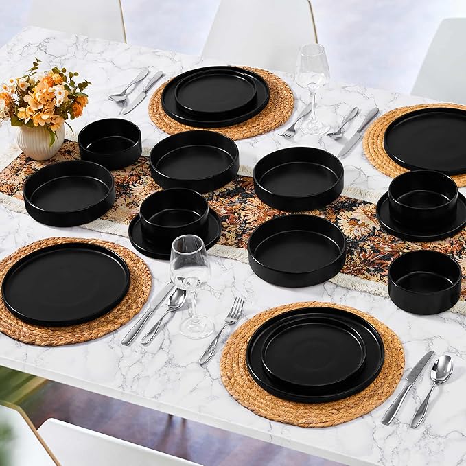 Herogo Dinnerware Sets with Pasta Bowls for 4, 16 Piece Dinner Salad Plates and Cereal Serving Bowls, Stoneware Dishes Dinner Ware for Home Kitchen, Chip & Scratch Resistant, Matte Black