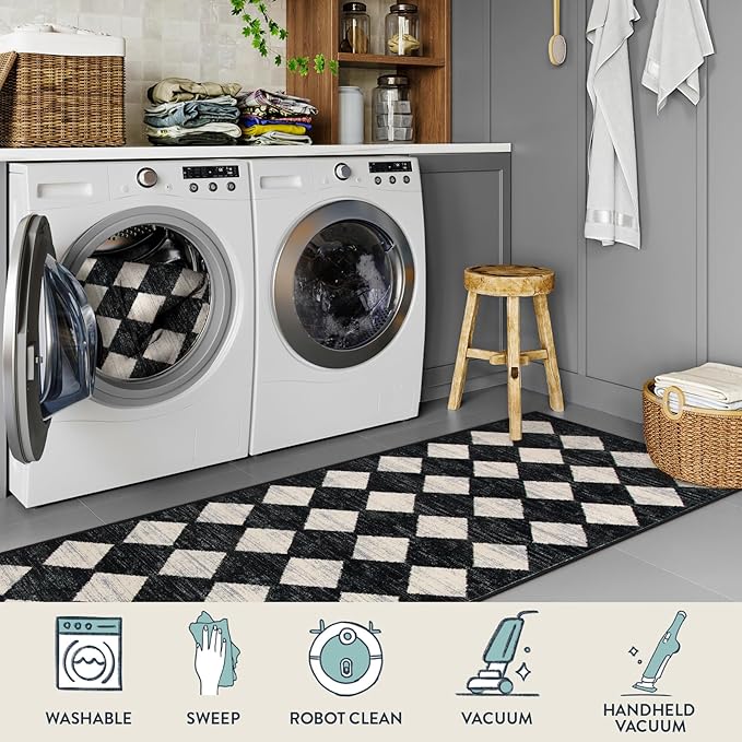 Lahome Zelie Moroccan Trellis Runner Rug - 2x6 Washable Black Bathroom Runner Rug Laundry Room Carpet Runners, Modern Soft Non Slip Indoor Floor Accent Mat for Bedside Kitchen Hall Bar Entryway RV