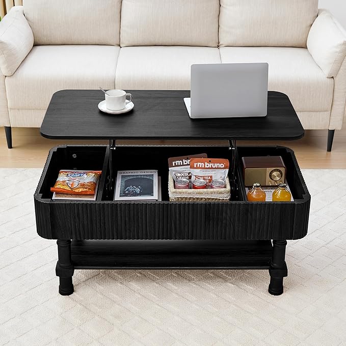 39”Large Lift Top Coffee Table with Hidden Storage Compartment,Fluted Coffee Tables Fully Assembled Wooden Center Table,Mid Century Modern Lift Tabletop Dining Table for Living Room Home Office,Black