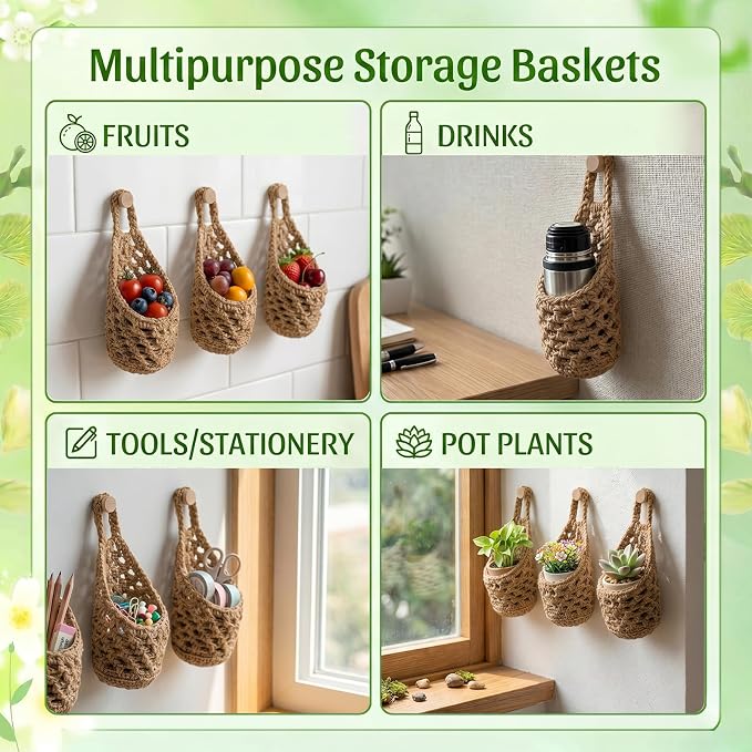 6 Pack Macrame Plant Hangers, Small Hanging Planters for up to 5 Inch Pot | Hanging Fruit Baskets for Kitchen Boho Wall Planters for Indoor Plants, Cup and Wall-Mounted Storage-Brown, 9.4" X 5.1"