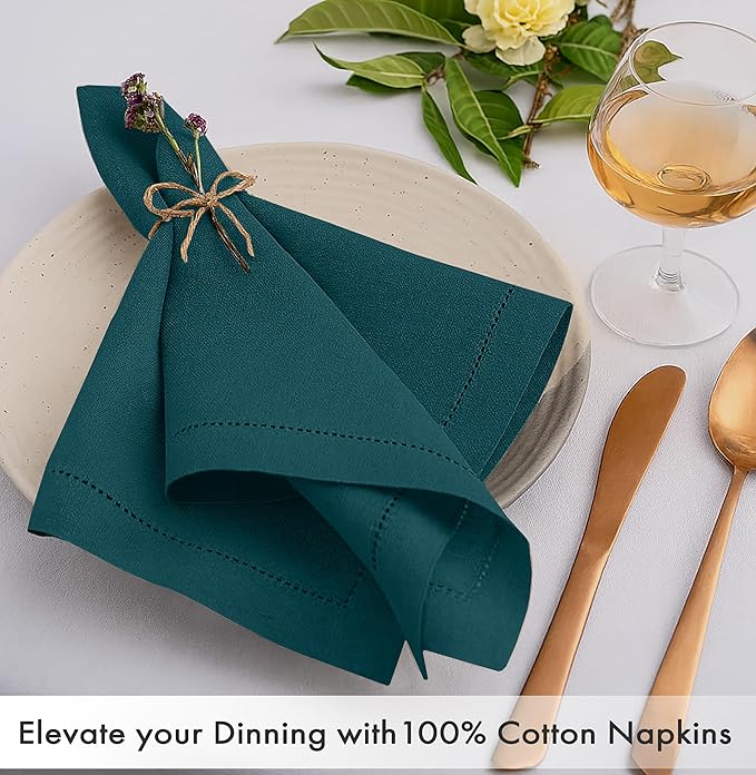 Ruvanti Cloth Napkins Set of 12, 100% Cotton High GSM 18x18 Inches, Hem Stitched Corners, Soft, Washable, Highly Durable & Absorbent, Perfect for Parties, Christmas, Thanksgiving Dinners – Deep Teal