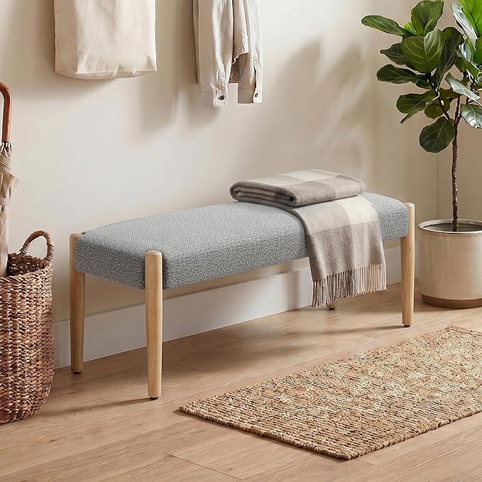 Usaint 42" End of Bed Bench, Modern Upholstered Bedroom Bench with Rubberwood Legs, Entryway Bench with Cushion, Dining Bench for Living Room, Bedroom, Grey with Oak Leg