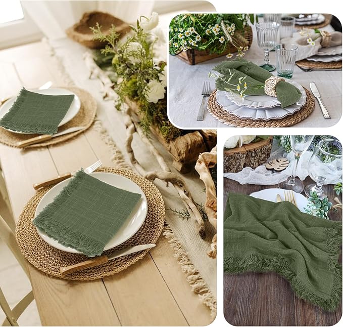 30 Packs Olive Green Napkins 16x16 Inch, Cotton Linen Handmade Cloth Napkins Bulk with Fringe - Soft Rustic Boho Napkins for Wedding, Party, Christmas Event Dinner Birthday Table Decor