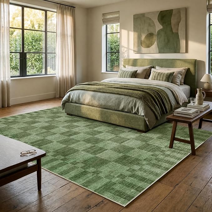 GarveeHome 8×10 Area Rugs for Living Room,Moss Green Checkered Rug，Modern Non-Slip Washable Farmhouse Geometric Checkerboard Rugs for Bedroom Dining Room Office