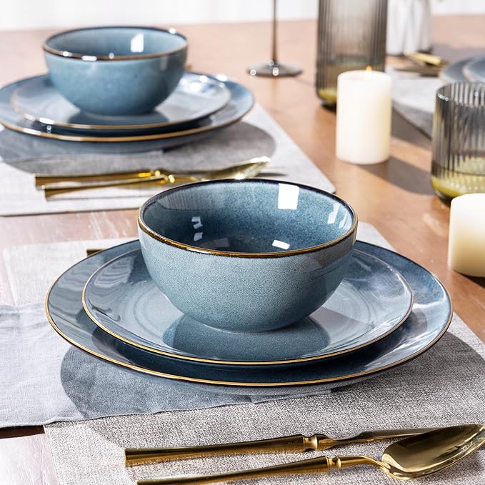 GBHOME Ceramic Dinnerware Sets for 8, 24 Pieces Stoneware Plates and Bowls Sets, Reactive Glaze Dishes -Scratch Resistant, Dishwasher&Microwave Safe-Space Blue