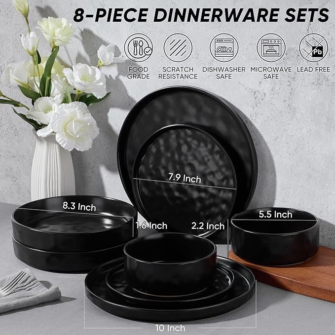 E-far 8-Piece Black Plates and Bowls Sets with Pasta Bowls - Stoneware Dinnerware Set for 2, Modern Ribbed Matte Black Kitchen Dishes, Microwave & Dishwasher Safe