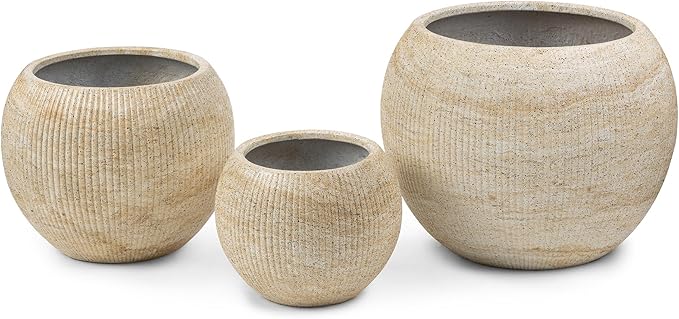 Marlo Fiberstone Round Planter (14.6" Pot Opening x 21.3" D x 16.5" H) Ribbed Finish, Lightweight, Durable, UV Resistant, Modern Home Decor, Indoor Outdoor Pot (L, Ribbed Travertine Beige)