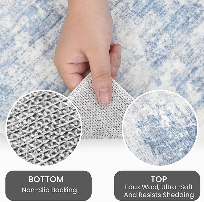 IOHOUZE Abstract Area Rugs 6x9 Ft Washable Rugs for Living Room, Non Slip Dining Room Rug, Printed Faux Wool Rugs for Bedroom, Floor Carpet for Office Nursery Playroom, Light Blue Grey