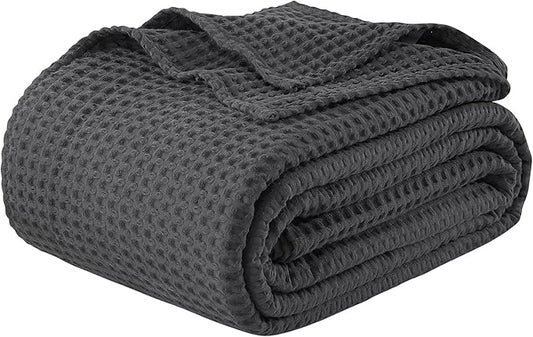100% Egyptian Cotton Waffle Weave Blanket Twin Size for Bed, 320 GSM - Breathable and Soft for Spring Summer, Lightweight All Season Bed Blanket for Couch, Sofa (66x90 Inches, Dark Grey)