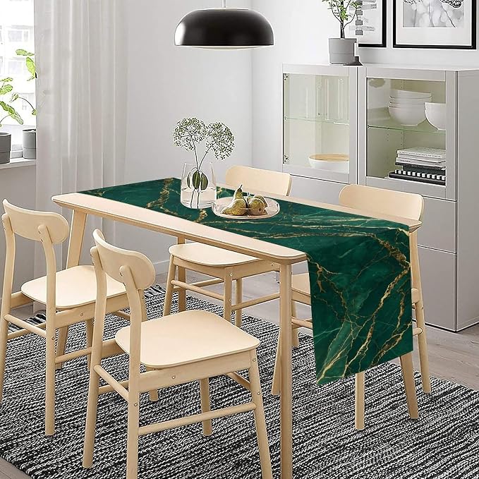 Emerald Green Marble Table Runner, Dark Green Gold Textured Abstract Painting Table Runner for Kitchen Dining Indoor Outdoor Home Party, 13x60 Inch