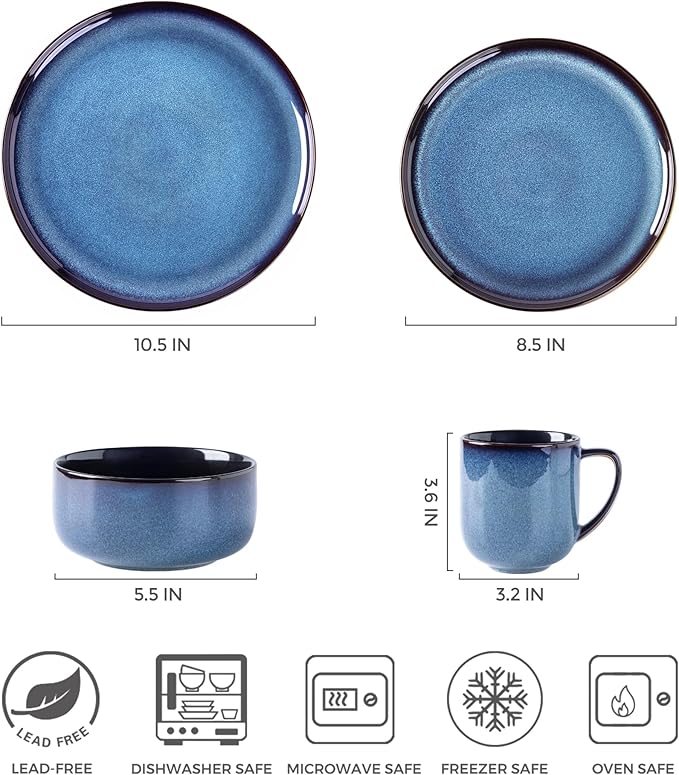 LERATIO Ceramic Dinnerware Sets for 4,16-Piece Reactive Glaze Plates and Bowls Set with Mugs,Highly Chip and Crack Resistant | Dishwasher,Microwave & Oven Safe Dishes set-Blue