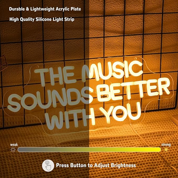 "The Music Sounds Better With You" Neon Sign for Wall Decor White Letter LED Sign for Bedroom Music Studio Record Shop Decoration