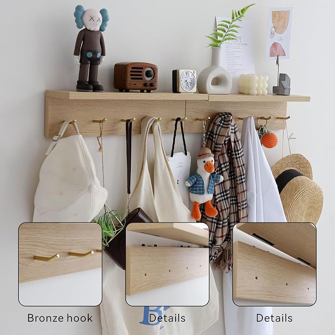 Marine Plywood Wall Mounted Coat Rack with Shelf & Key Hooks, 5 Brass Hooks Entryway Organizer, Modern Floating Shelf for Bedroom Hallway, Space-Saving Home Storage Rack (2, Oak Finish)