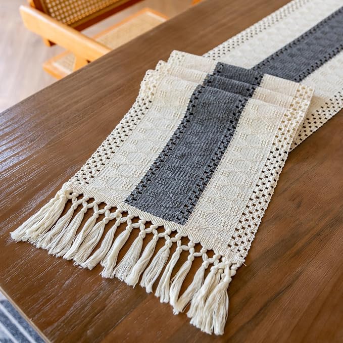 EMMTEEY Boho Table Runner with Tassels- Scratch & Heat Resistant, 108 Inches Long Table Runner Cotton Linen Macrame Handmade for Dining Table/Wedding Décor (12"X108", Grey)