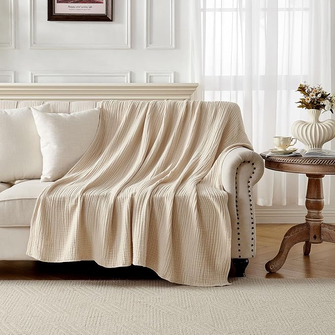 Joydeco 100% Cotton Muslin Throw Blanket for Couch Bed and Sofa, 4-Layer Lightweight and Breathable Soft Gauze Blanket for All Season, Light Tan, 90"x90"