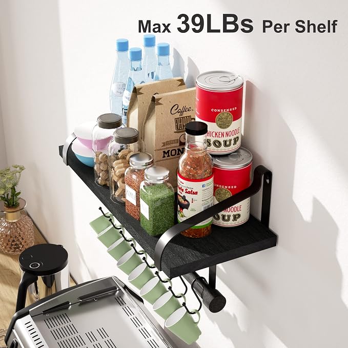 Love-KANKEI Floating Shelves for Coffee Bar,Bathroom Shelves with Towel Bar, Wall Shelves with 8 Hooks for Kitchen, Storage Shelf Set of 2 for Bedroom,Living Room，17.3 Inch Black