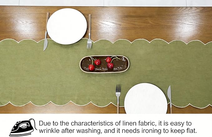 100% Natural Linen Rustic Scalloped Embroidery Table Runner 36 Inches, Linen Table Runner 14 x 36 Inch Ideal for Dresser and Dining Tables Decor, 1-2 Sets, 14x36'', Olive Green(Edges-Gold)