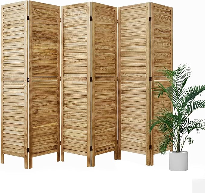 Room Partitions and Dividers Temporary Wall with Double Hinges, 5.6 Ft Tall Folding Louver Wood Screen for Home Office Bedroom Decoration (6 Panels, Natural Color)