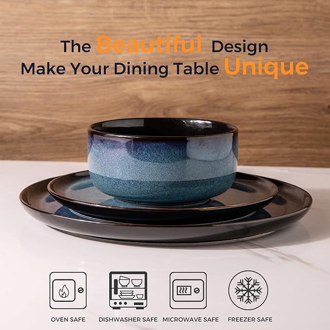 LeRatio Ceramic Dinnerware Sets for 6,Porcelain Plates and Bowls Sets,Handmade Reactive Glaze Dishes Set,Chip Resistant and Scratch Resistant | Oven&Dishwasher & Microwave Safe-Blue(18PCS)