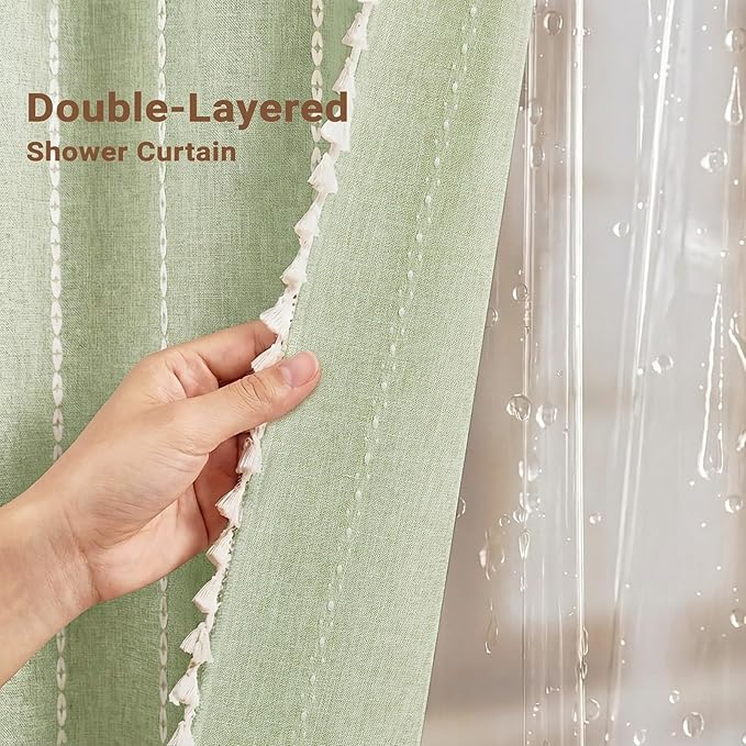 BTTN 3 in 1 Shower Curtain with Liner, 80 Inch Long Boho Linen Striped Cloth Shower Curtain Set with Hook, Tall Rustic Farmhouse Bohemian Waterproof Fabric Curtain for Bathroom, Sage Green, 72x80