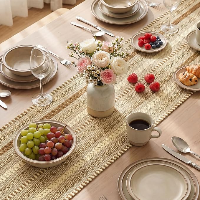 Artoid Mode Light Coffee Farmhouse Woven Table Runner, Seasonal Holiday Rustic Kitchen Dining Table Decoration for Home Party Decor 12x108 Inch