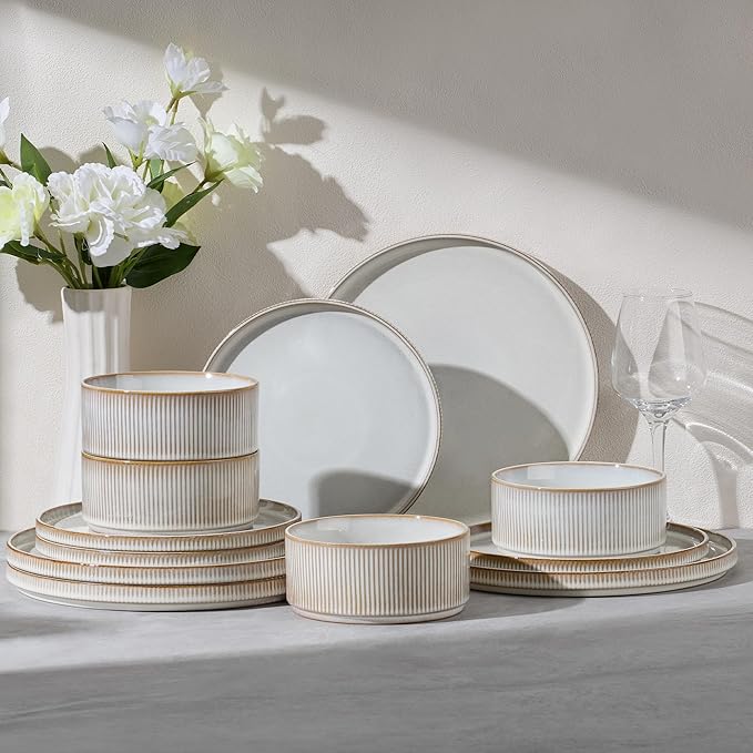 E-far 12-Piece Plates and Bowls Sets, Stoneware Dinnerware Dishes Sets for 4, Kitchen Modern Dining Dishware, Chip & Scratch Resistant, Microwave & Dishwasher Safe, Creamy Beige