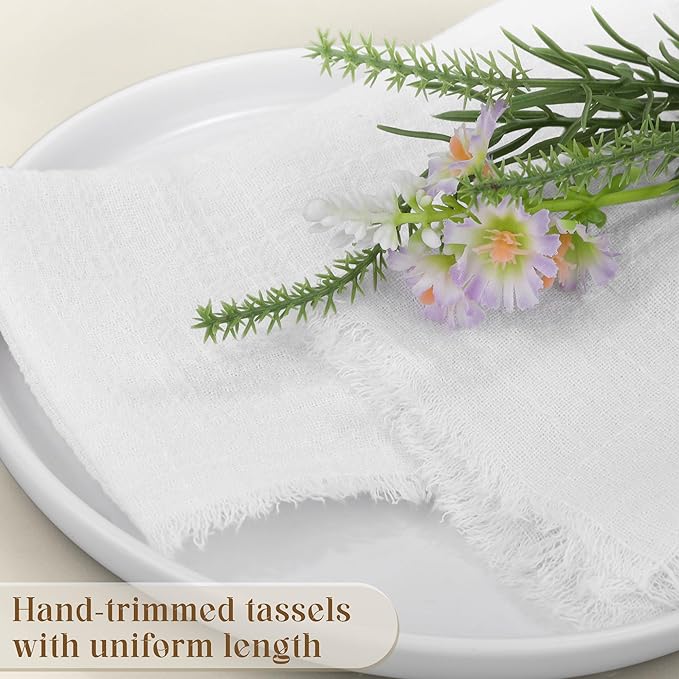 TURSTIN 12 Pieces Cotton Linen Cloth Napkin Handmade Cloth Napkin with Fringe 17 x 17 Inch Soft Cloth Dinner Wedding Napkin Square Rustic Fringe Table Napkin for Parties, Weddings, Ivory White