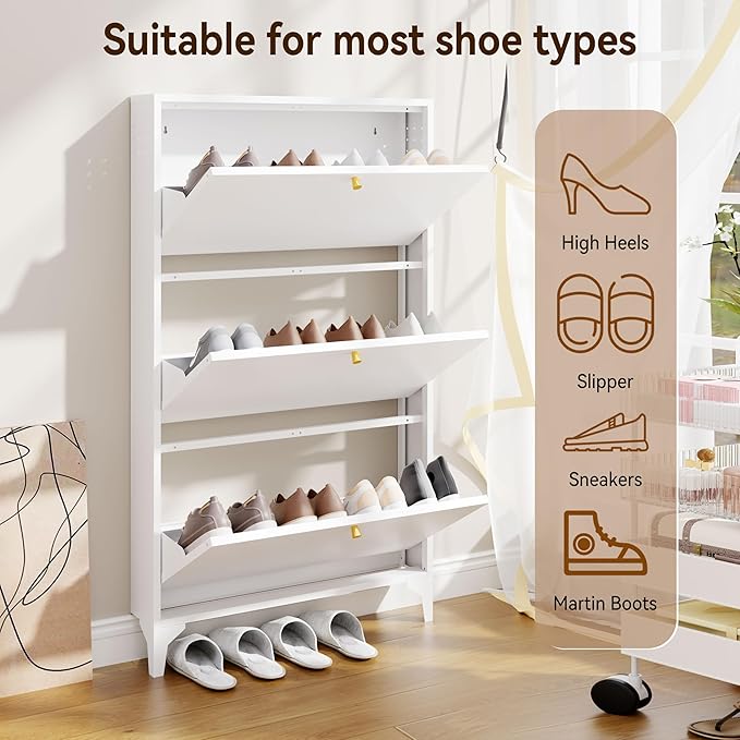 Slim Shoe Cabinet with 3 Flip Drawers,Narrow Shoe Cabinet,Freestanding Organizer,Metal Hidden Shoe Storage for Entryway,Hallway,Living Room(Width 27.56, White)