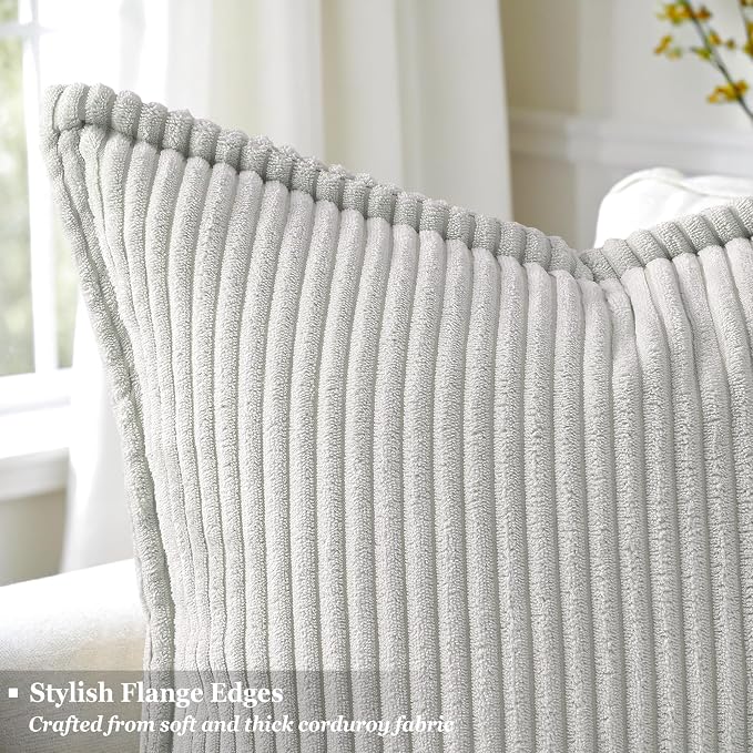 decorUhome Summer Corduroy Grey Throw Pillow Covers 20x20 Set of 2 Decorative Soft Boho Farmhouse Couch Pillow Covers for Living Room Bed Sofa Broadside Striped Pillow Cases