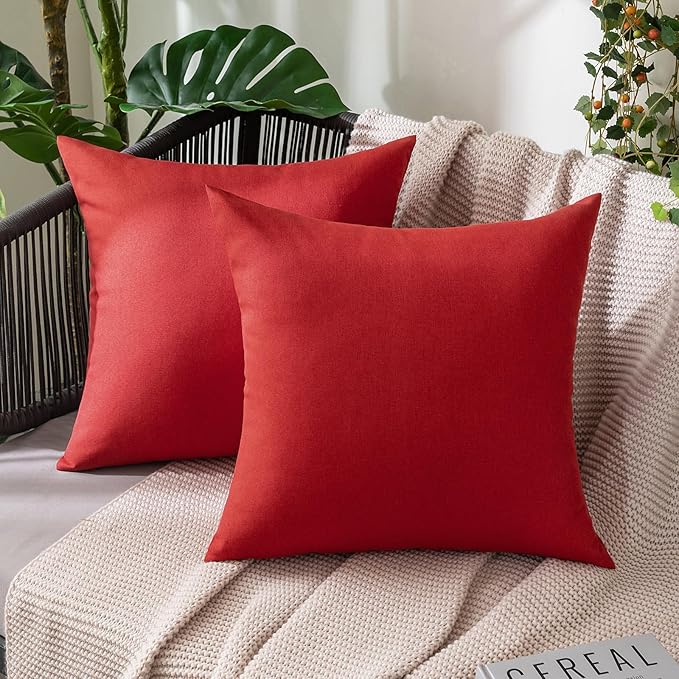 MIULEE Pack of 2 Decorative Outdoor Solid Waterproof Throw Pillow Covers Euro Sham Faux Linen Garden Farmhouse Cushion Cases for Summer Patio Tent Balcony Couch Sofa 22x22 Inch Red