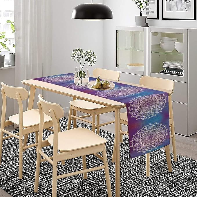 YCness Abstract Vintage Mandela Boho Table Runner, Modern Hippie Art Watercolor Purple Rainbow Colorful Dining Room Kitchen Living Room Party Holiday, 13x120 Inch