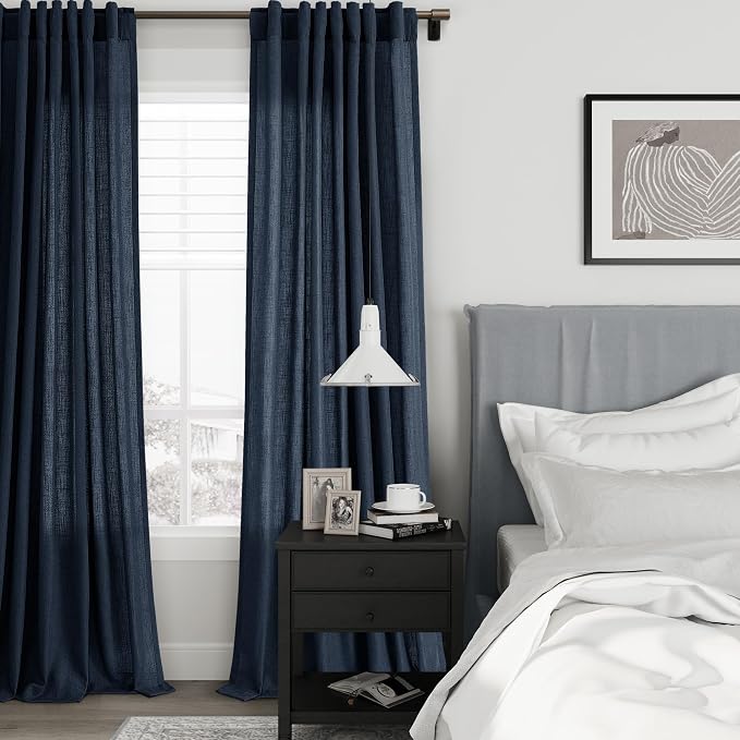 Joywell Linen Curtains 90 Inches Length Long Rod Pocket/Back Tab/Hook Belt/Clip Rings Semi Sheer Window Curtains Boho Farmhouse Drapes for Bedroom Living Room 2 Panels Set,52x90,Navy Blue