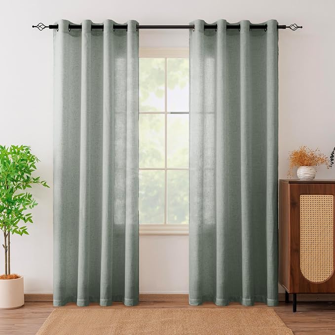 Linen Blended Sheer Curtains & Drapes - 84 Inches 2 Panels Set | Light Filtering & Semi-Sheer Privacy Protection, Grommet Top, Fits Living Room and Bedroom, 54 Inches Wide, Sage Green