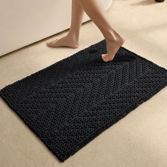 Sunfly Black Bathroom Rug, Waffle Bath Mat Non-Slip Washable Super Absorbent Quick Dry, Boho Farmhouse Bathroom Decor 20"x30" Black