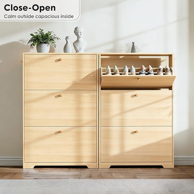 Nicetree Shoe Cabinet with 3 Flip Drawers，Freestanding Shoe Storage Cabinet, Narrow Shoe Organizer Cabinet, Farmhouse Slim Shoe Rack Cabinet for Entryway,Natural Oak with Hook
