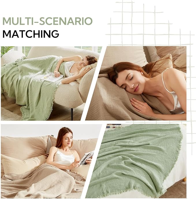 SOULFUL Muslin Throw Blanket with Tassels - Soft Cotton Throw Blanket for Couch or Bed, Lightweight and Breathable Gauze for All Seasons, Grassgreen, 50" x 60"