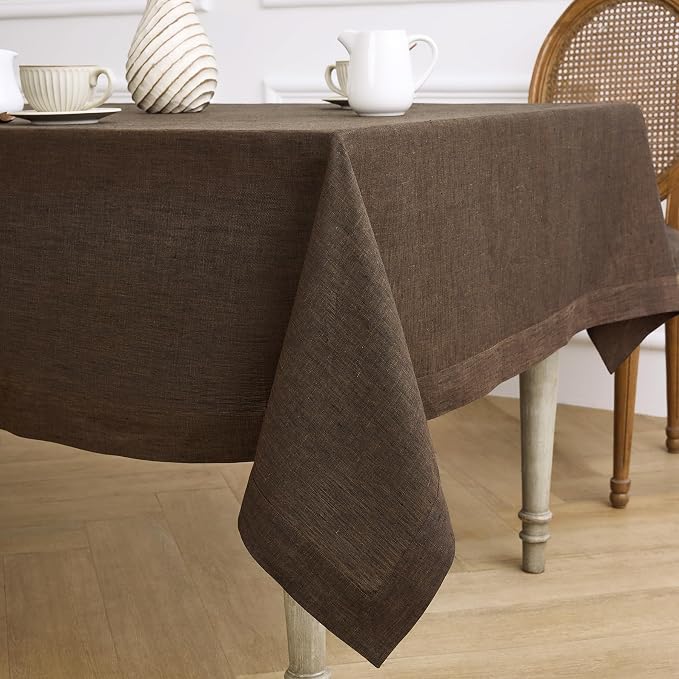 Solino Home Linen Tablecloth 60 x 90 Inch - 100% Pure Linen Chambray Brown Table Cloth for Rectangular Tables - Athena, Machine Washable Cloth Tablecloth