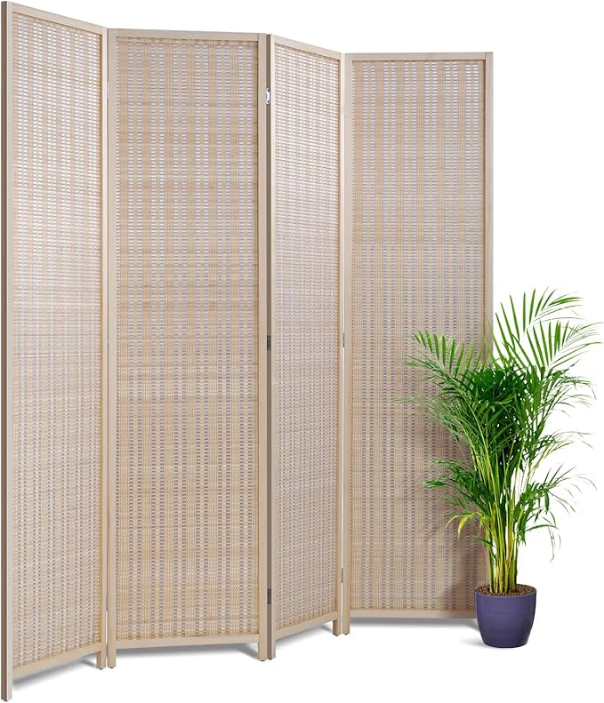 6FT Room Divider 4 Panel, Wall Divider Wood Screen Privacy Screen Seperating Divider Handwork Bamboo Folding Portable for Home Bedroom, Natural