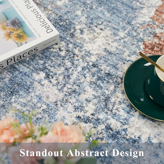 5x5 Square Rug for Living Room Machine Washable Non-Slip Area Rug for Kitchen Entryway Bathroom Modern Neutral Abstract Soft 5ft Indoor Carpet (Blue Rust, 5x5)