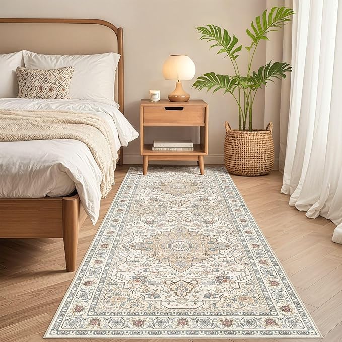 Runner Rug Kitchen Washable Rugs: 3x10 Non-Slip Boho Soft Vintage Stain Resistant Indoor Floor Neutral Farmhouse Throw Carpet for Hallway Bathroom Laundry Room Entryway Bedroom- Cream