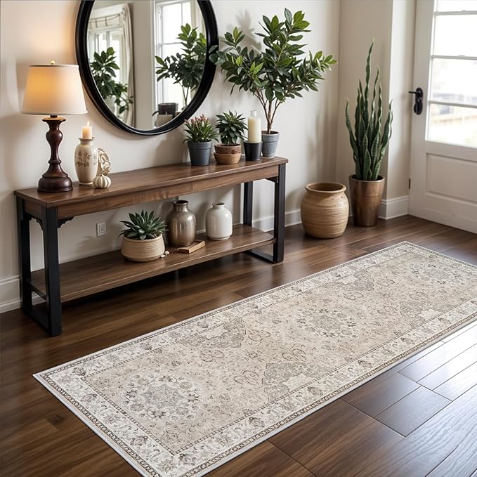 2x6 Hallway Washable Runner Rug : Vintage Soft Kitchen Laundry Runner with Non Slip Backing Farmhouse Entryway Living Room Floor Mat Stain Resistant Carpet for Bedroom Bathroom Distressed Beside Rug