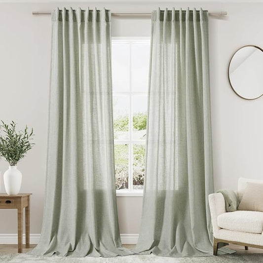 Sage Green Curtains 100 inches Long 2 panels for Living Room Back Tab Rod Pocket Semi Sheer Linen Draperies Muted Neutral Sage Room Decor Earth Tone Pale Green Curtains 100 inch Length for Bedroom