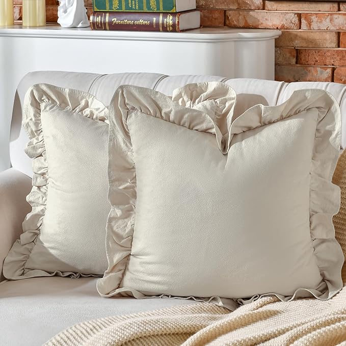 AmHoo Pack of 2 Throw Pillow Covers 100% Cotton Pre Washed Ruffle Decorative Pillowcase Cushion for Couch Sofa Bedroom 24 x 24-Inch Beige
