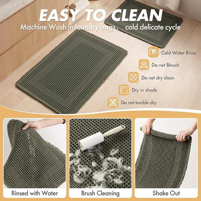 MIULEE Set of 2 Waffle Bathroom Rugs, Boho Bath Rug Super Absorbent, Non Slip Washable Ultra Soft Rubber Backed Shower Bath Mats for Floor, Tub, Shower, Looped Design, Green, 18x30 Inch