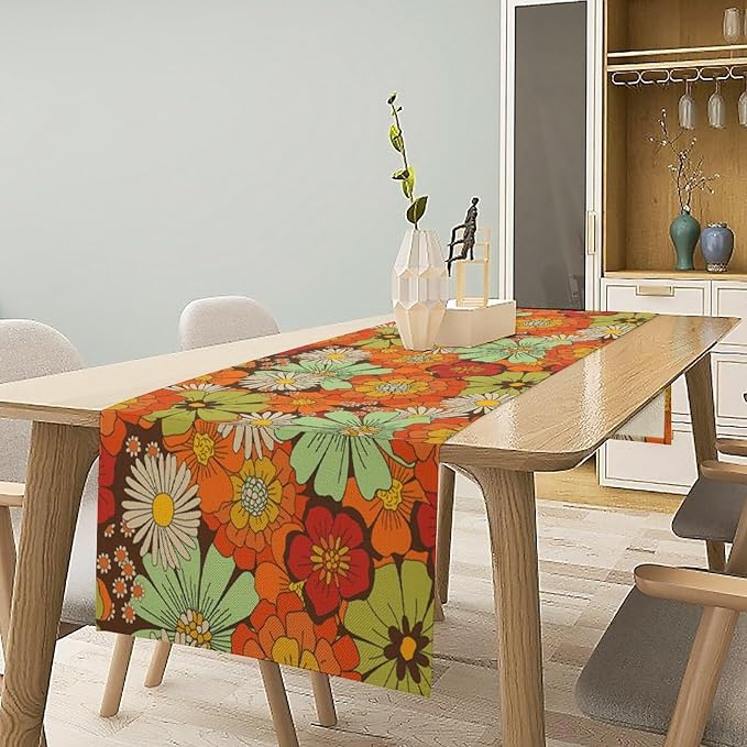 Retro Floral Table Runner Vintage Boho Groovy Hippie Flowers Dinner Runner for Home Kitchen Dining Table Holiday Party Decor 13"x108"