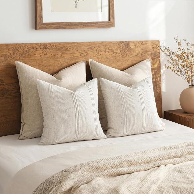 MIULEE Striped Throw Pillow Covers 22x22 Decorative Textured Pillow Covers Pack of 2 Linen Cushion Cases for Couch Bed Sofa Livingroom Farmhouse Home Decor, Natural Beige