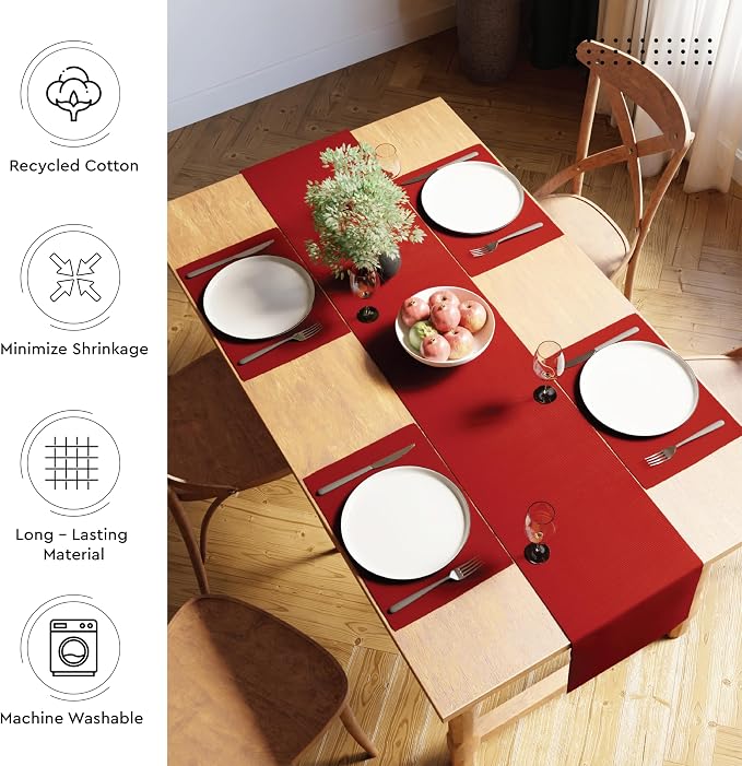 Encasa XO Dining Table Runner 13"x98" | Yarn Dyed Fine Ribbed Cotton | Solid Red | Machine Washable
