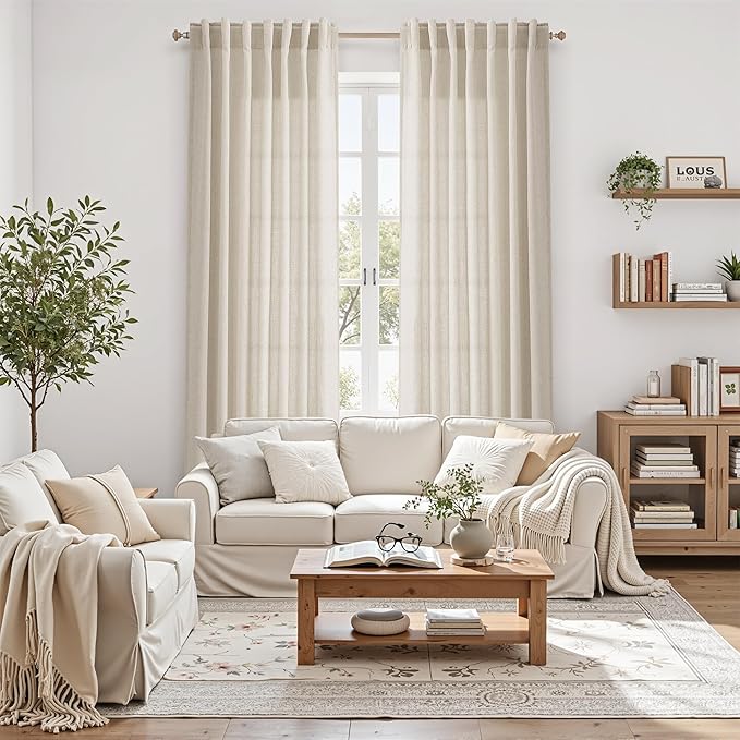 Boho Linen 144 Inch Curtains for Living Room Light Filtering Semi Sheer Curtain Back Tab Boho Eclectic Home Decor Elegant Farmhouse Drapes Floor to Ceiling High Window for Bedroom 52x144, 2 Panels